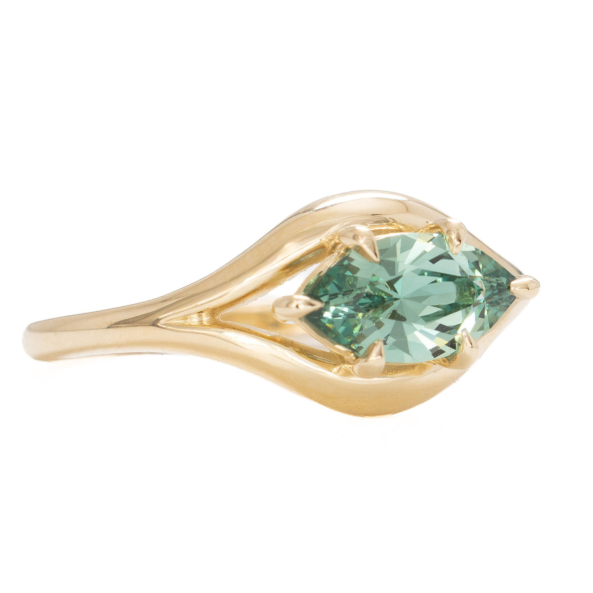monica solitaire ring in yellow gold with juniper green lab sapphire baroness marquise