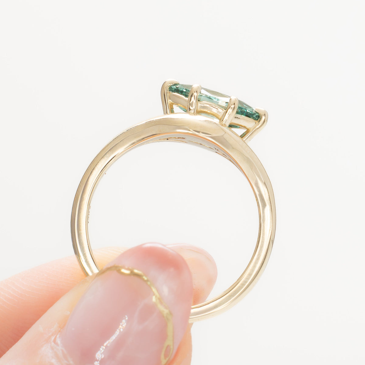 monica solitaire ring in yellow gold with juniper green lab sapphire baroness marquise