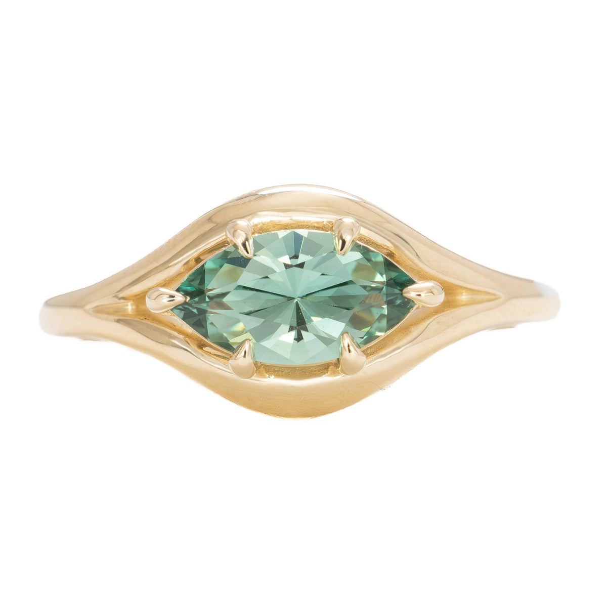 monica solitaire ring in yellow gold with juniper green lab sapphire baroness marquise