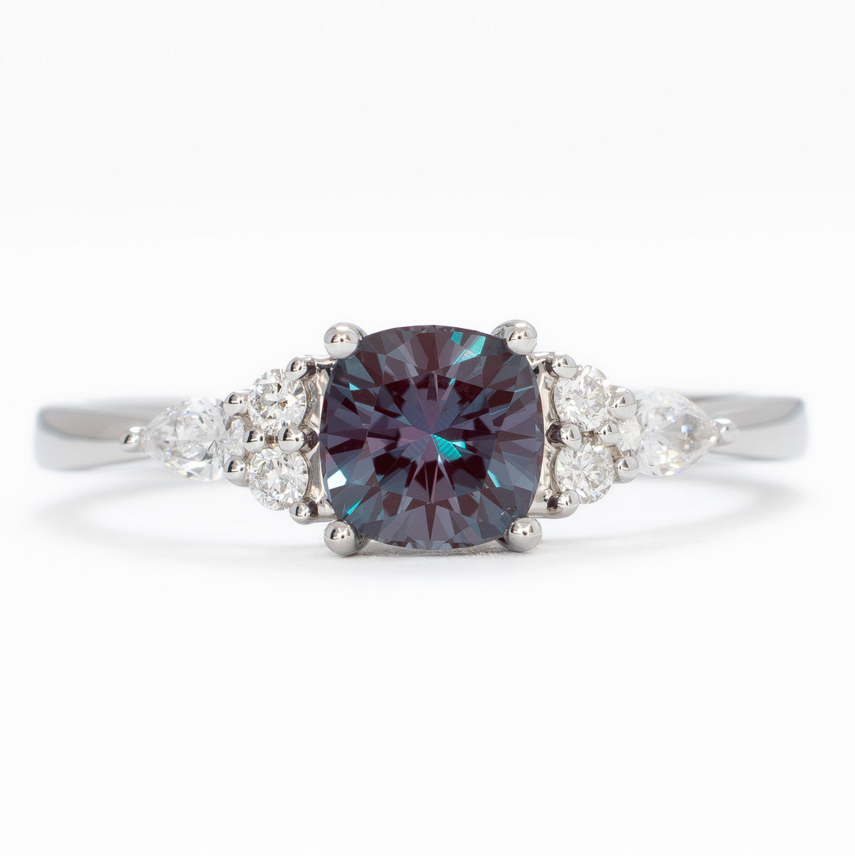 natalia wedding set in white gold with cushion lab alexandrite