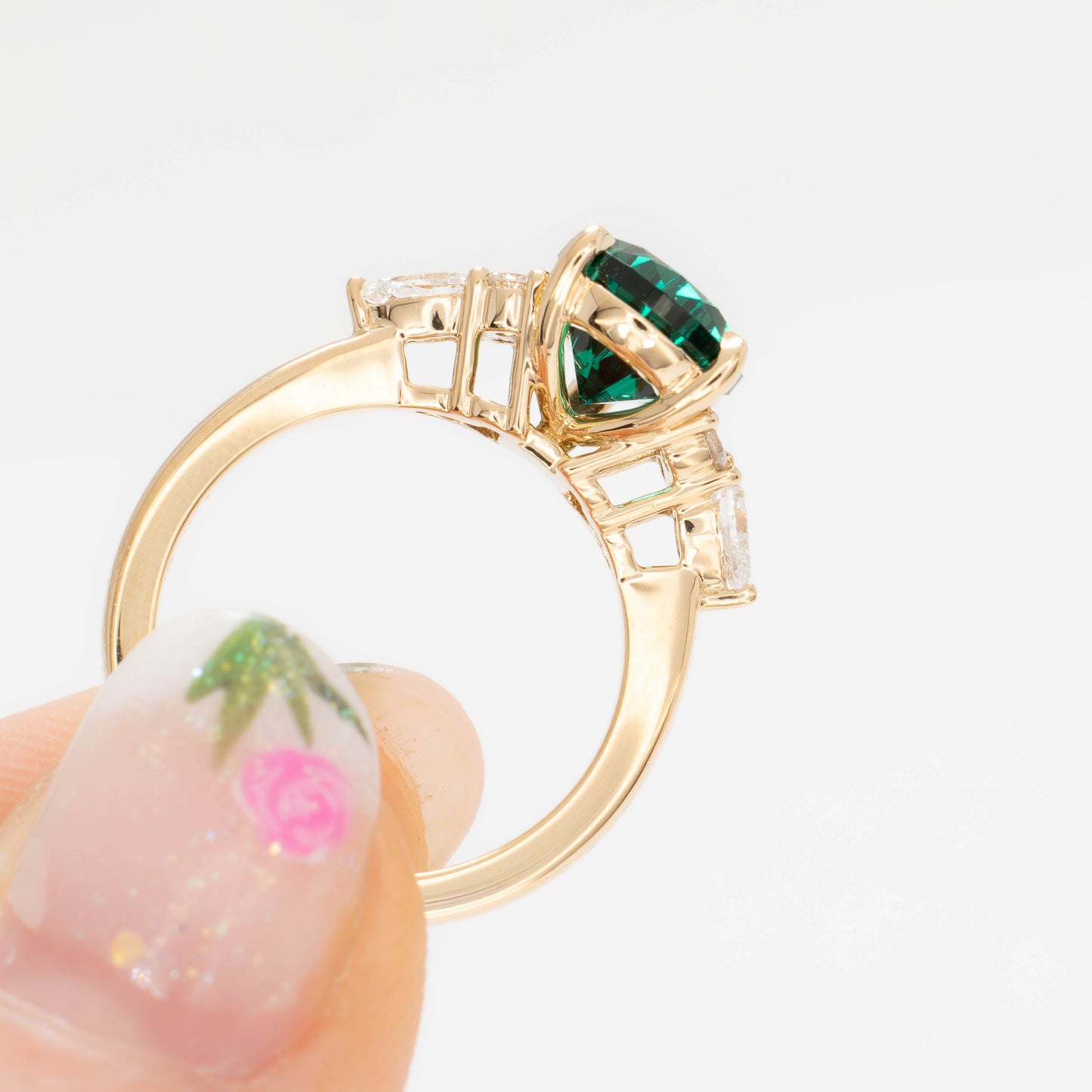 natalia wedding set in yellow gold with pear lab emerald