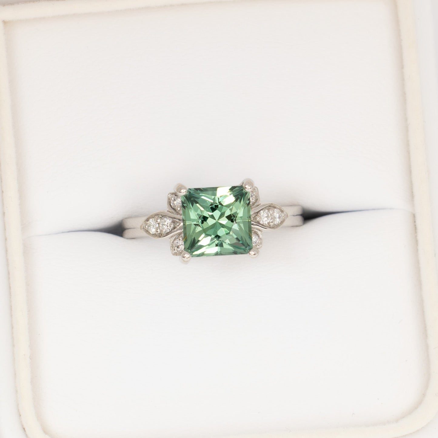 nature inspired azalea ring with green lab sapphire princess cut
