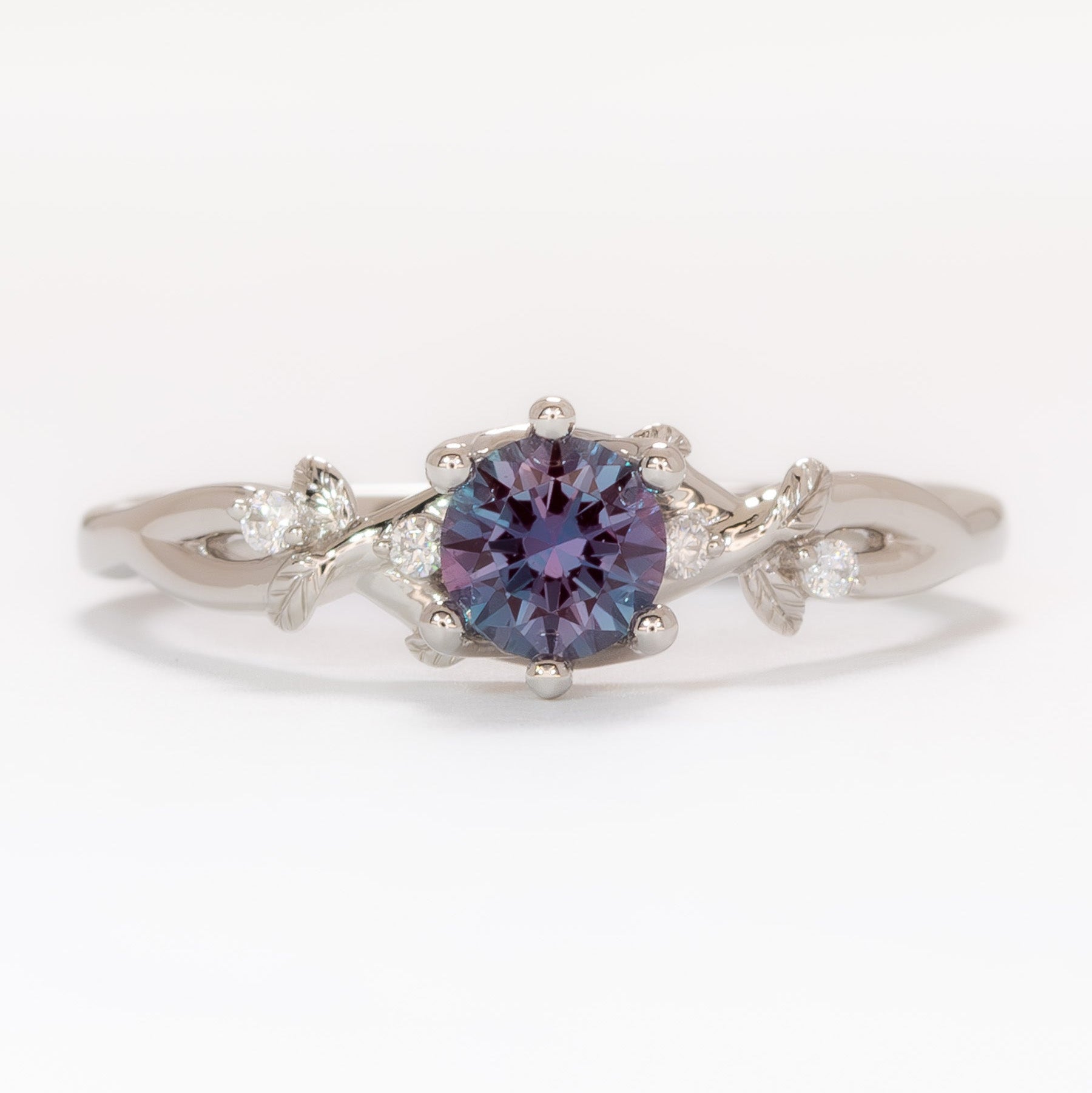 nature inspired lillian engagement ring with round lab alexandrite