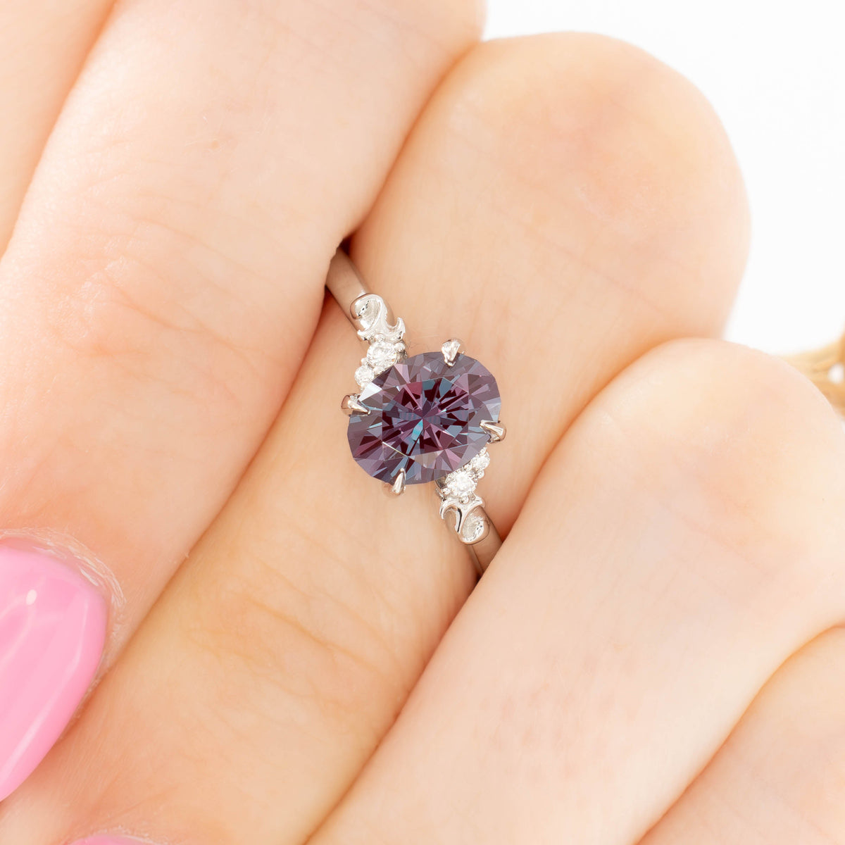 nellie nature inspired ring in white gold with oval lab alexandrite
