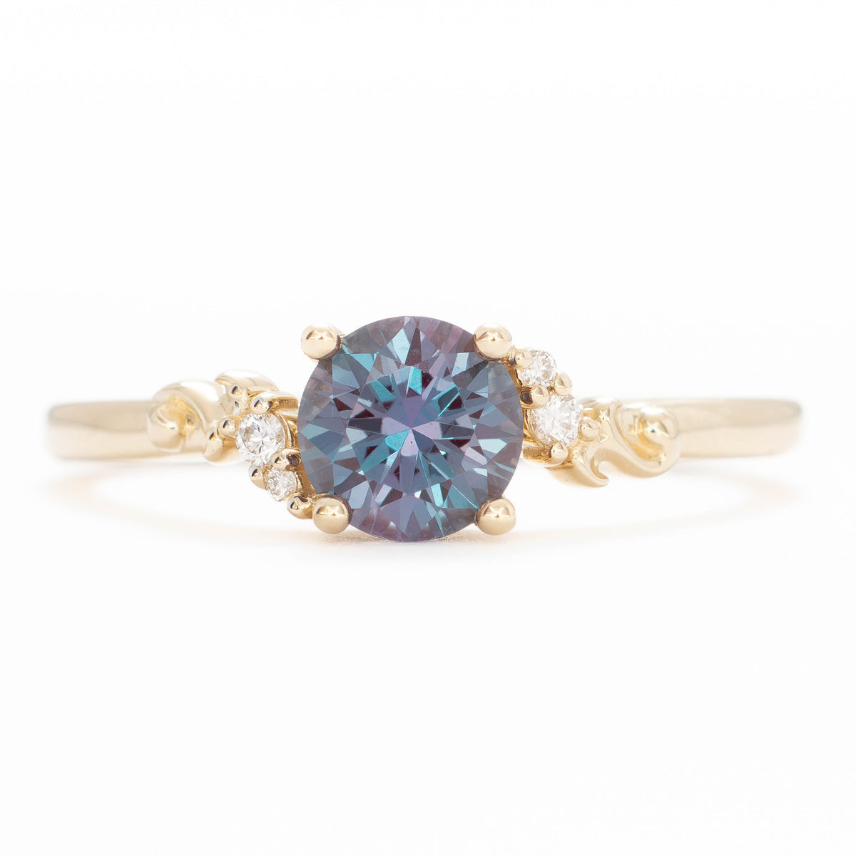 nellie nature inspired ring in yellow gold with round lab alexandrite
