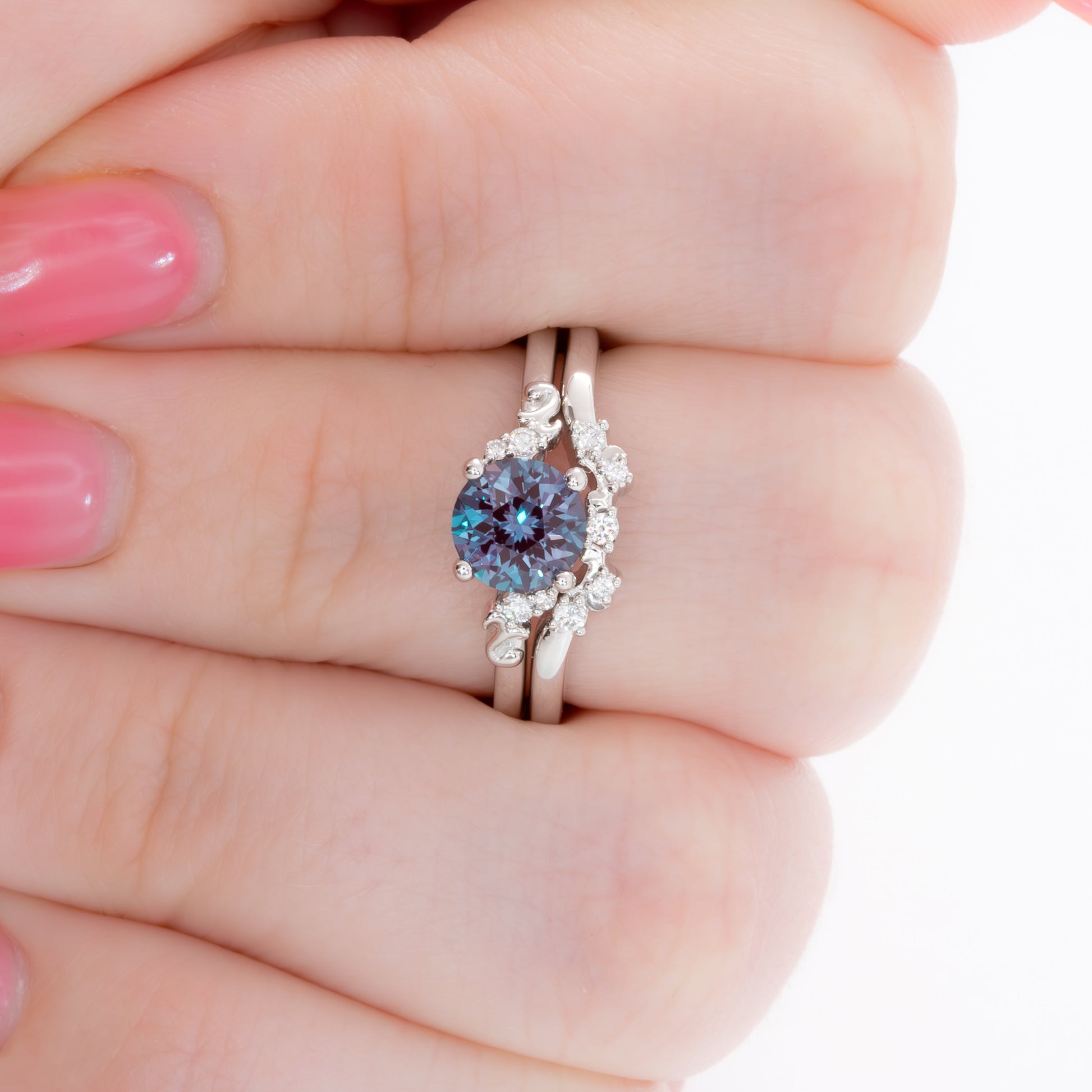 nellie nature inspired wedding set with round lab alexandrite