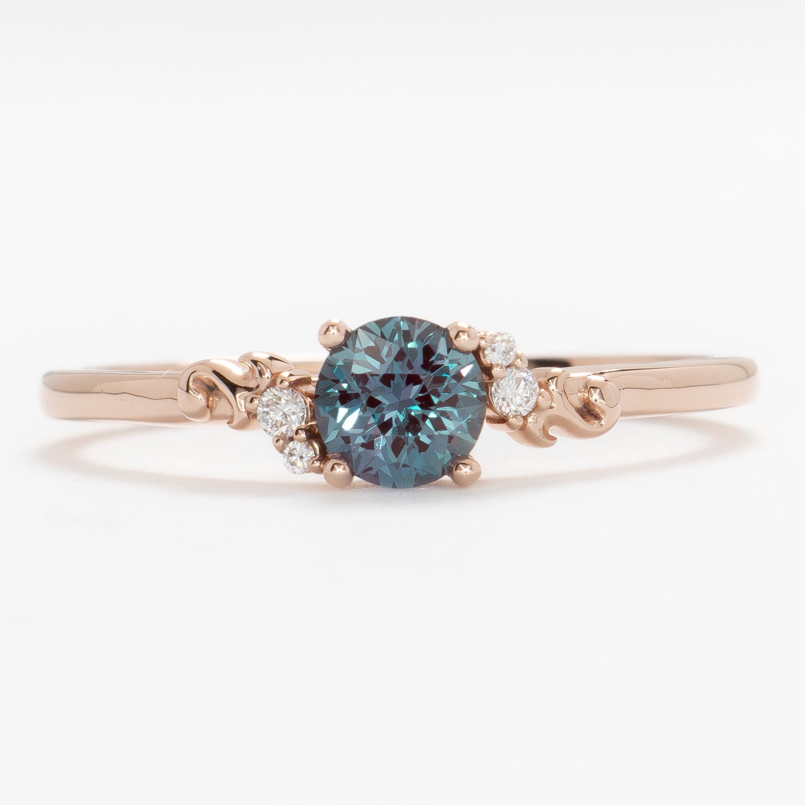 nellie wedding set in rose gold and round lab alexandrite