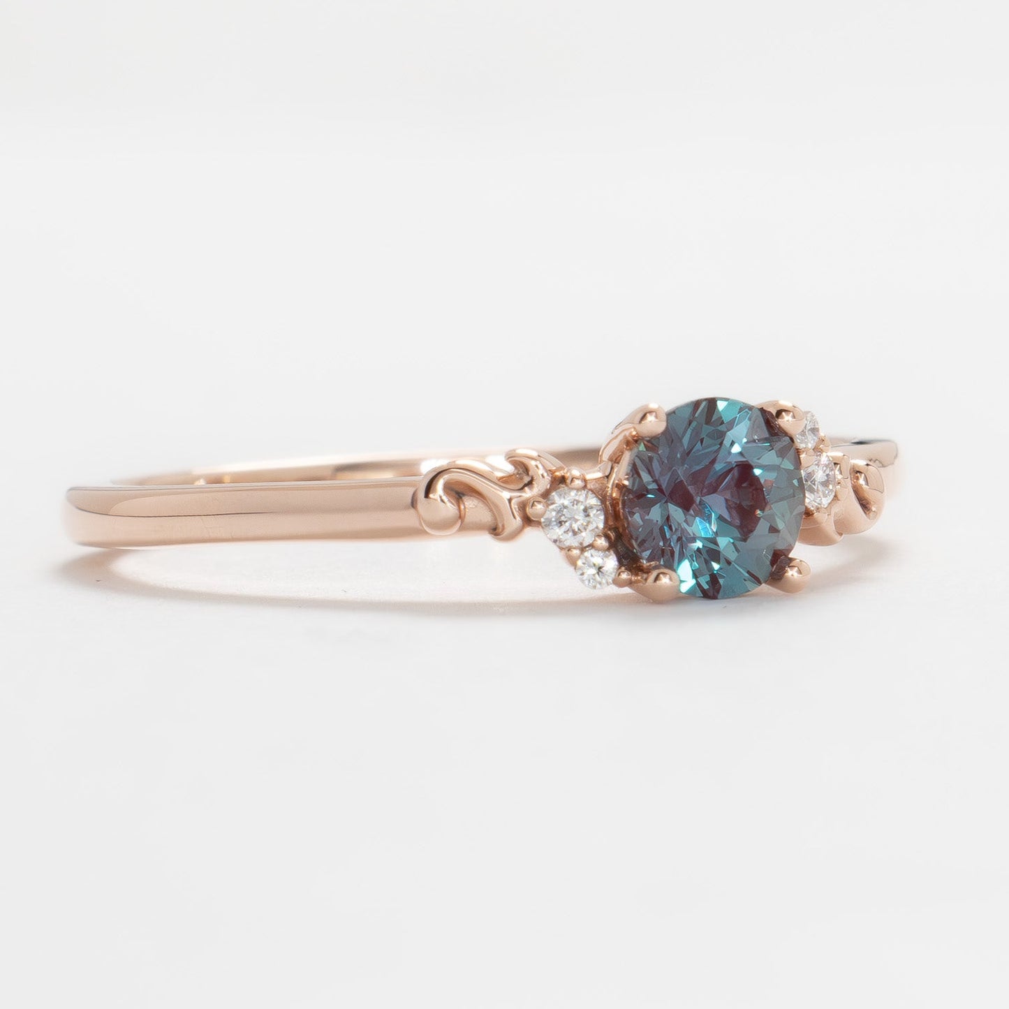 nellie wedding set in rose gold and round lab alexandrite