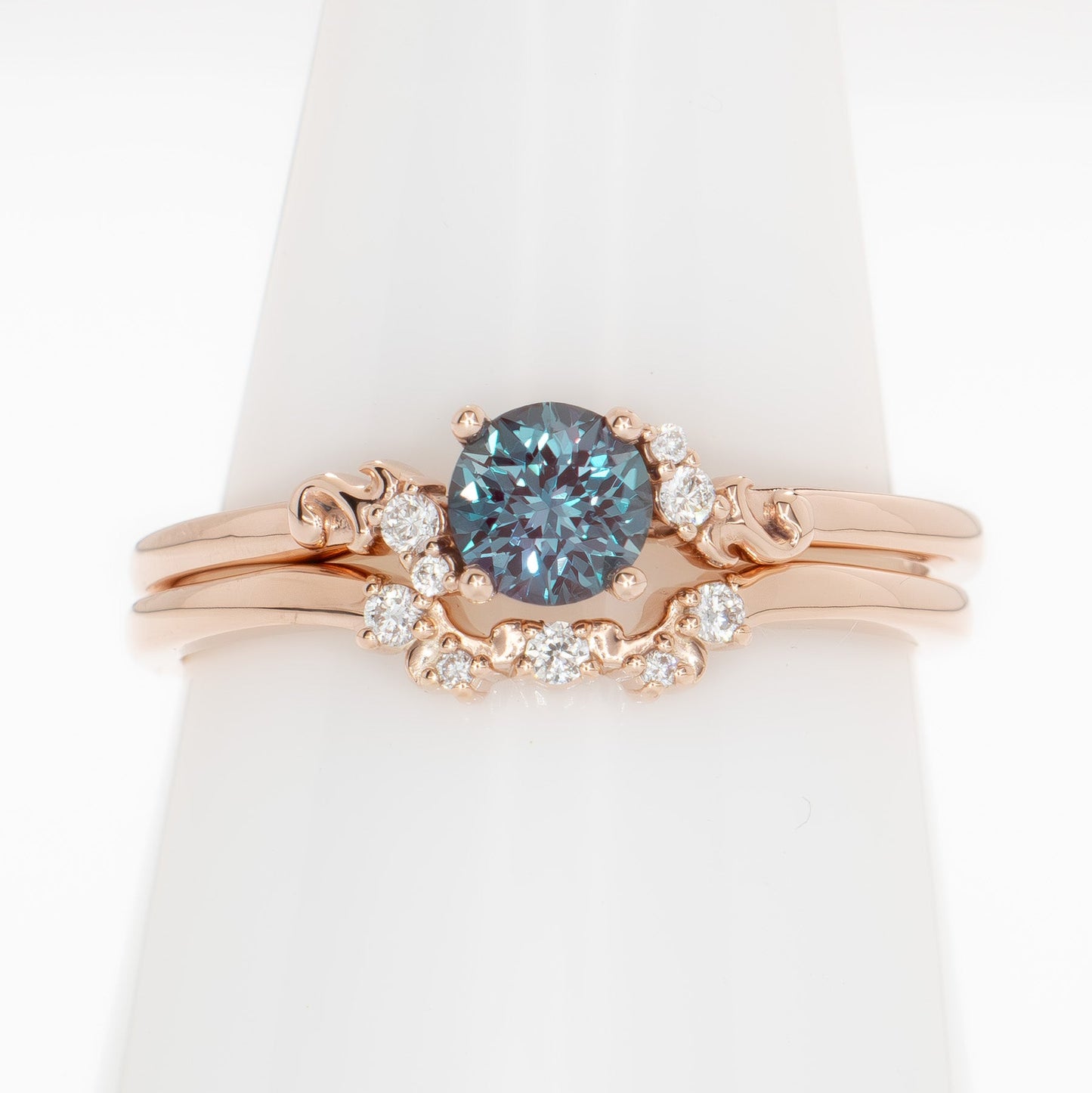 nellie wedding set in rose gold and round lab alexandrite