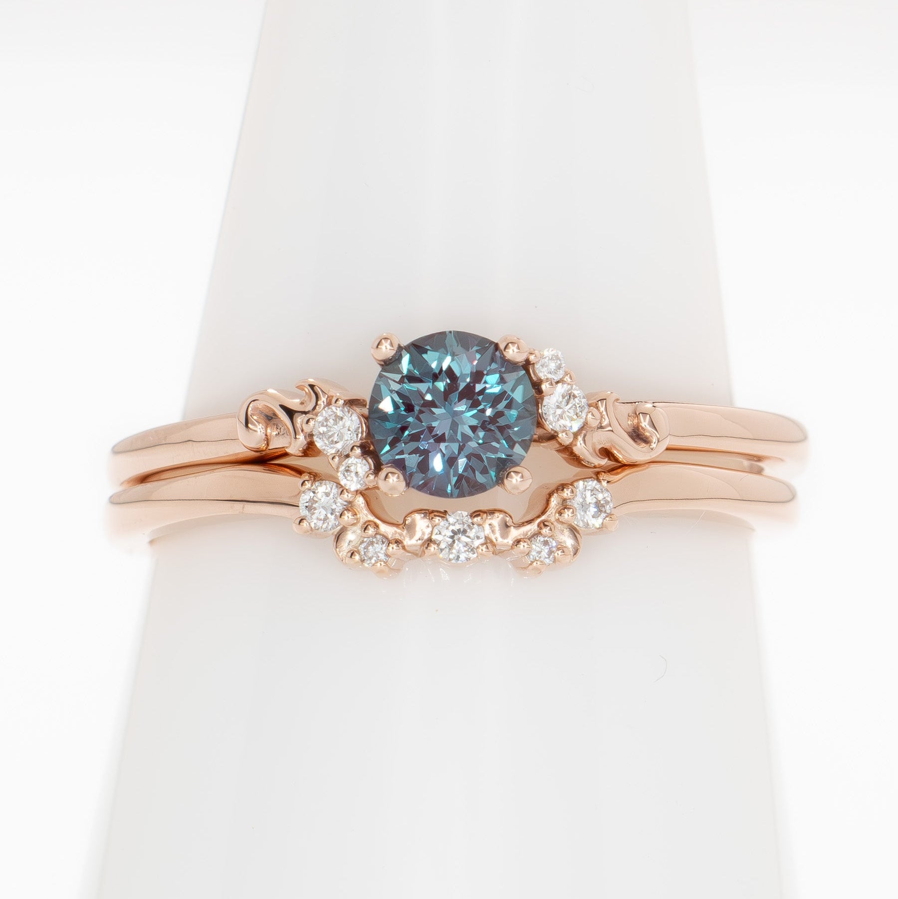 nellie wedding set in rose gold and round lab alexandrite