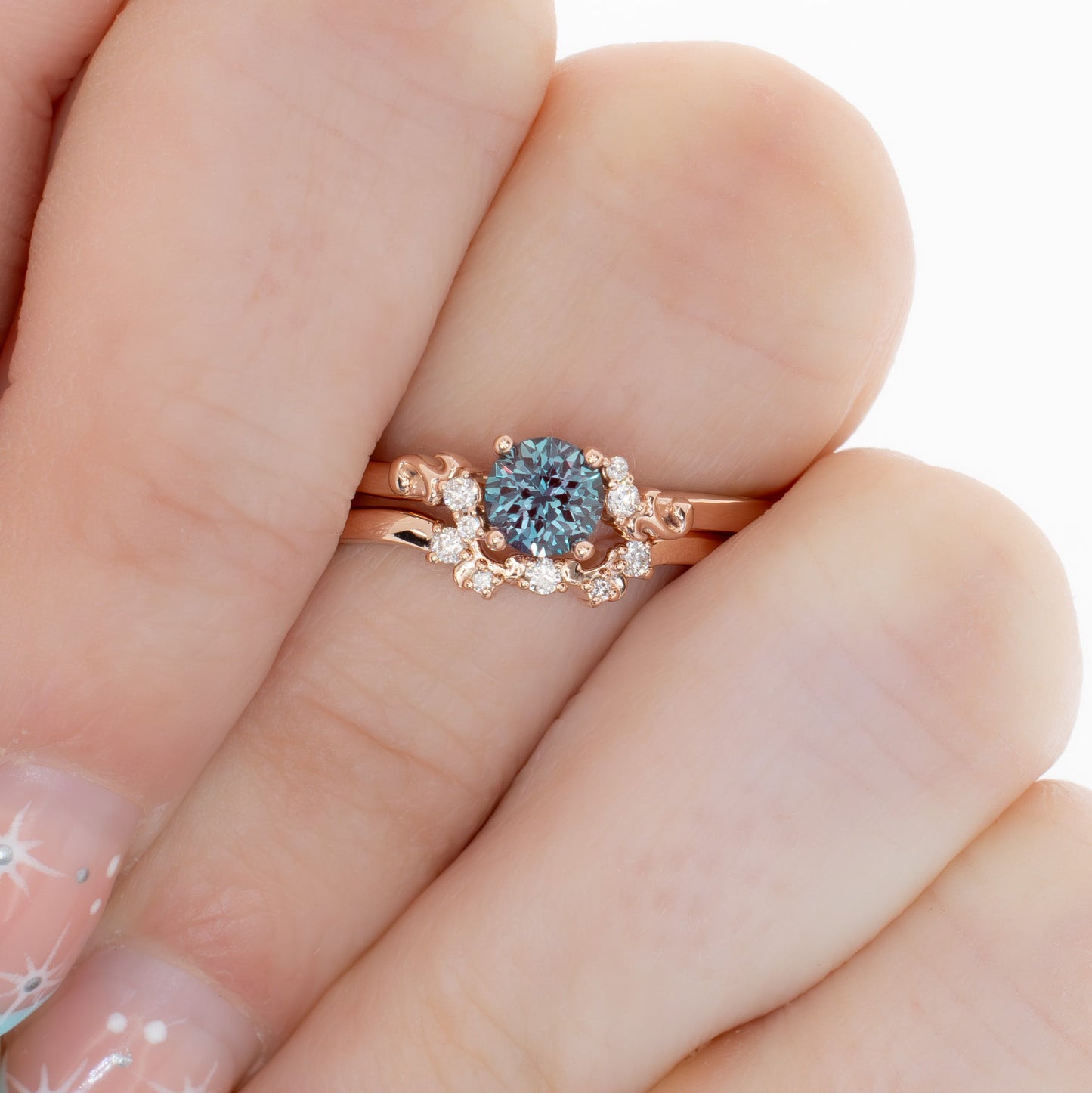 nellie wedding set in rose gold and round lab alexandrite
