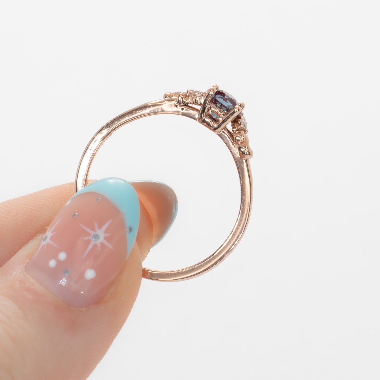 nellie wedding set in rose gold and round lab alexandrite