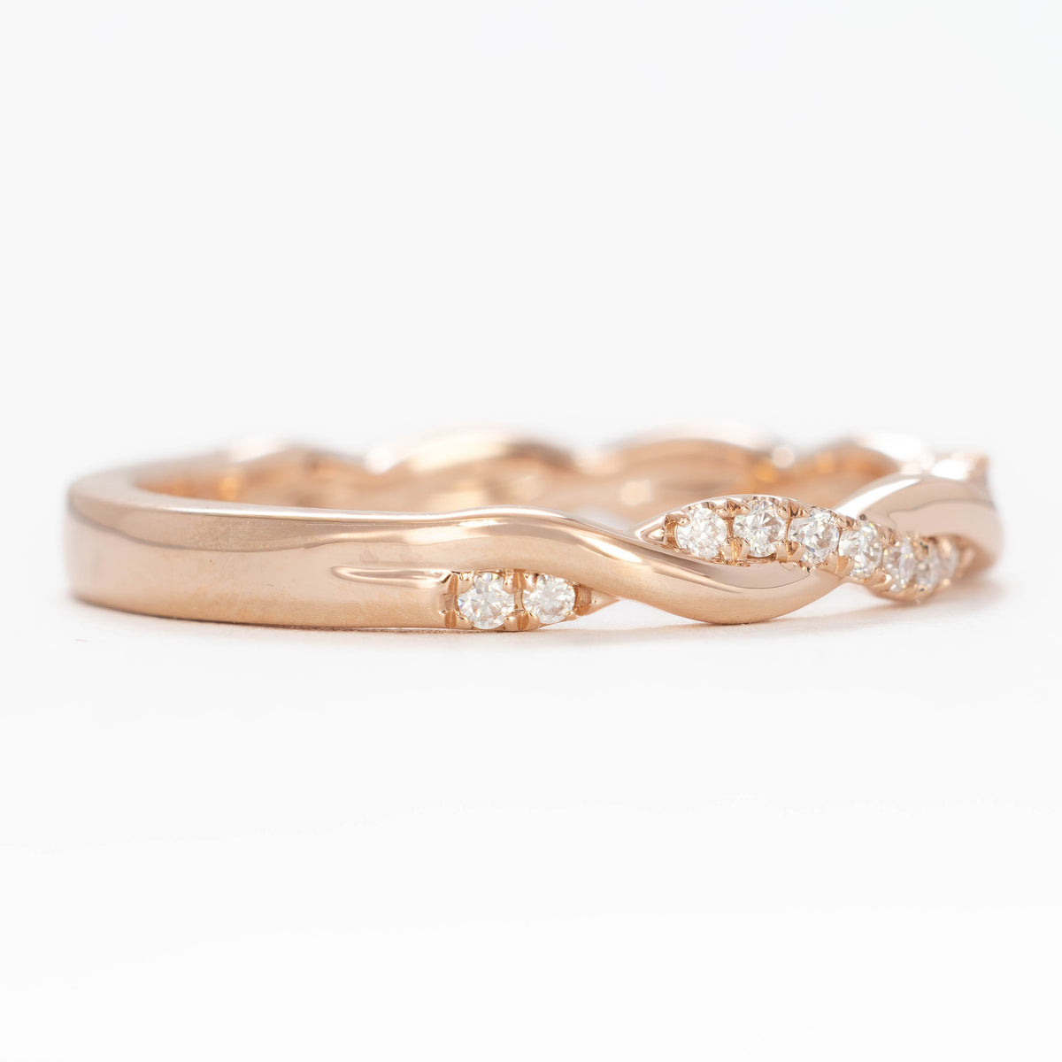 odette accented twist wedding band in rose gold and lab diamonds