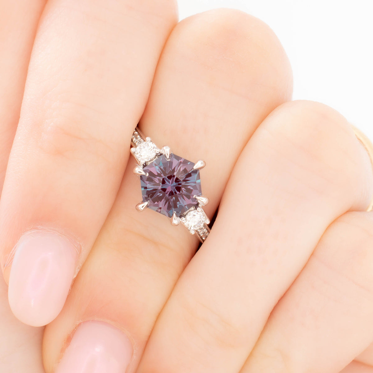 oriane accented three stone ring in white gold with hex cut lab alexandrite