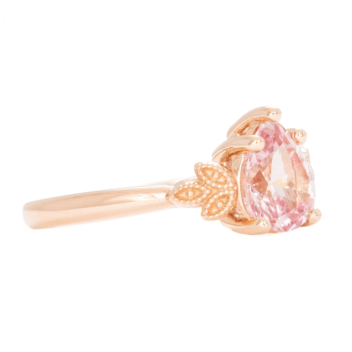 paloma milgrain solitaire ring in rose gold with peach lab sapphire pear