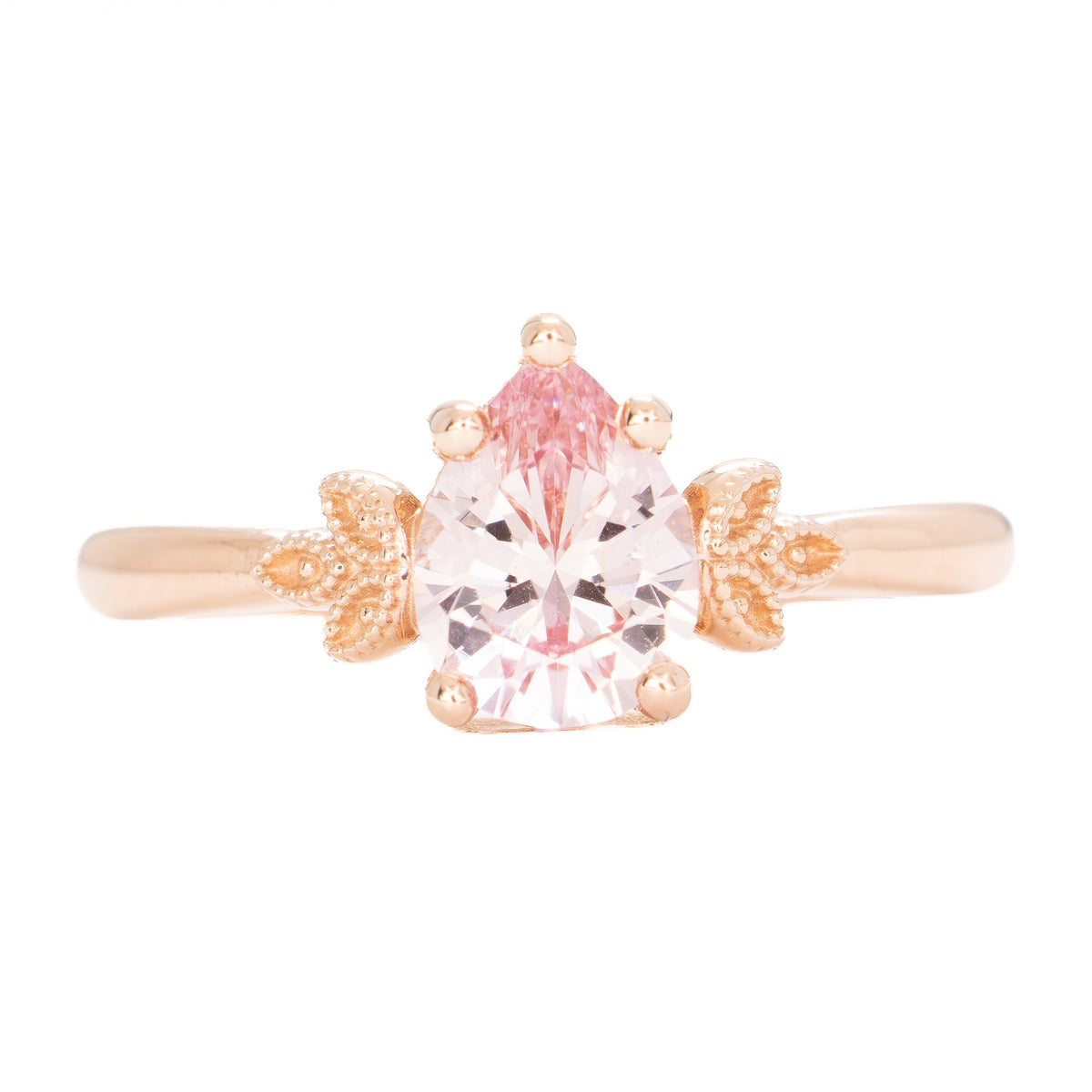 paloma milgrain solitaire ring in rose gold with peach lab sapphire pear