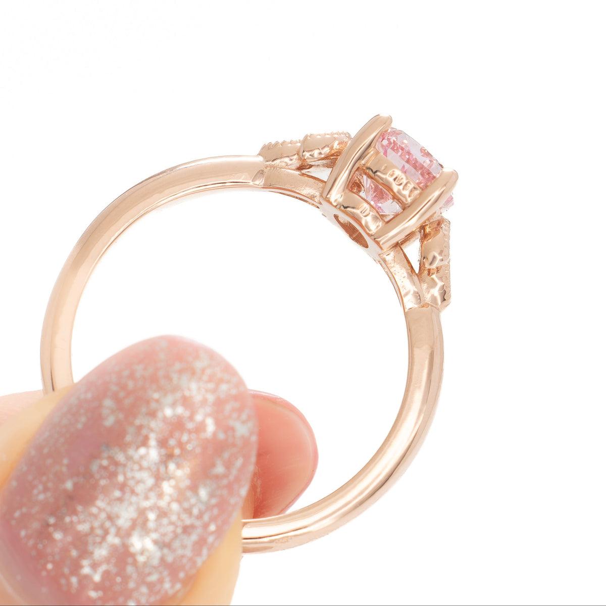 paloma milgrain solitaire ring in rose gold with peach lab sapphire pear