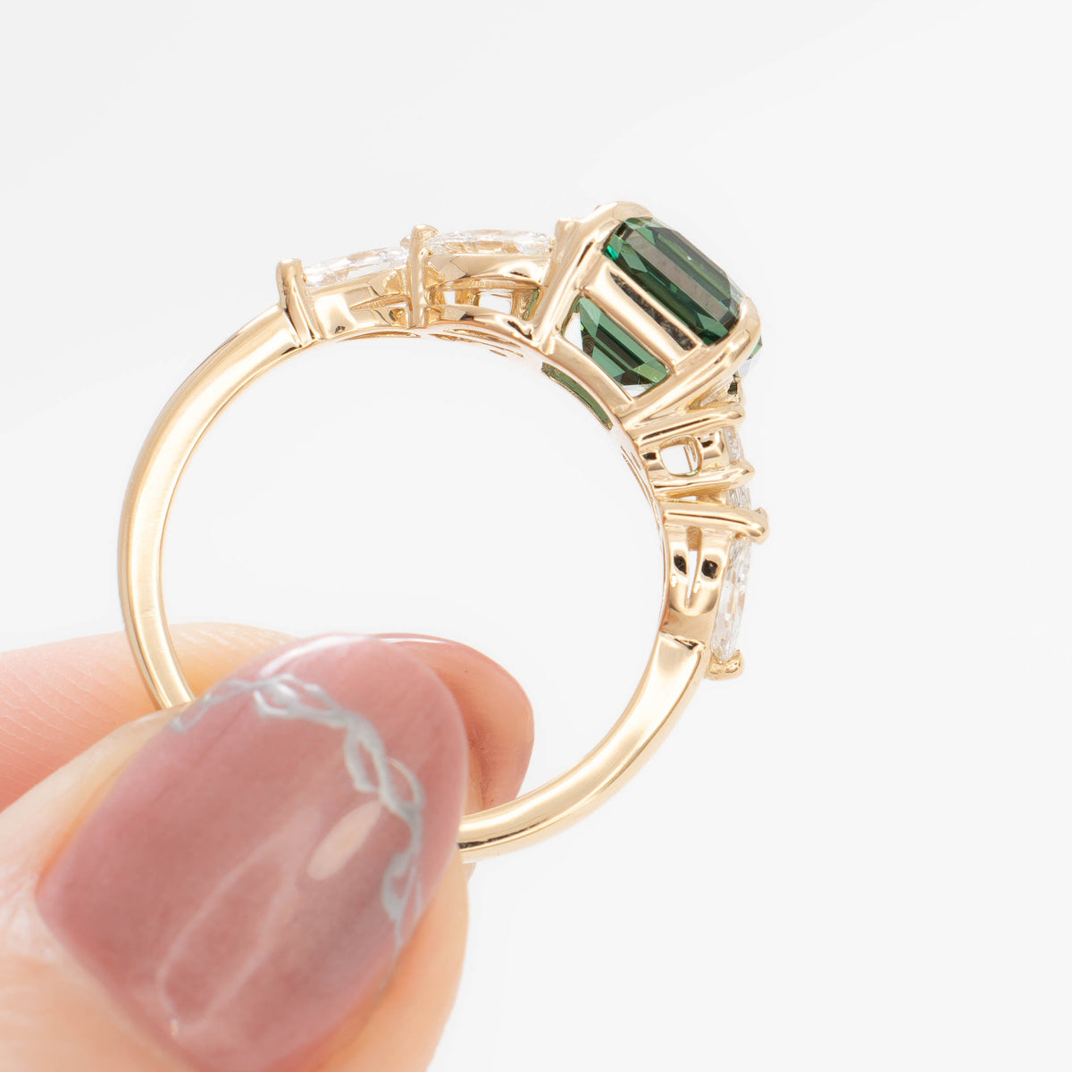 paola accented ring in yellow gold with asscher cut green lab sapphire
