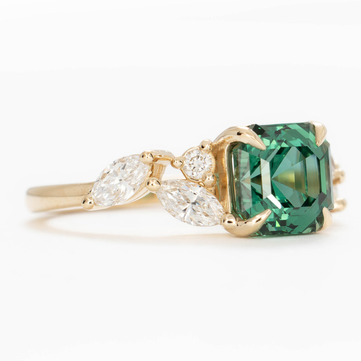 paola accented ring in yellow gold with asscher cut green lab sapphire