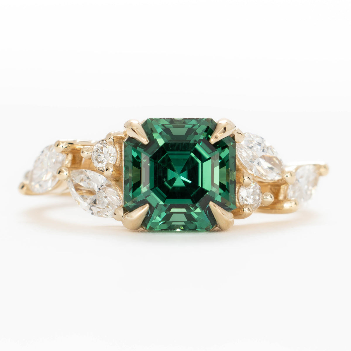 paola accented ring in yellow gold with asscher cut green lab sapphire