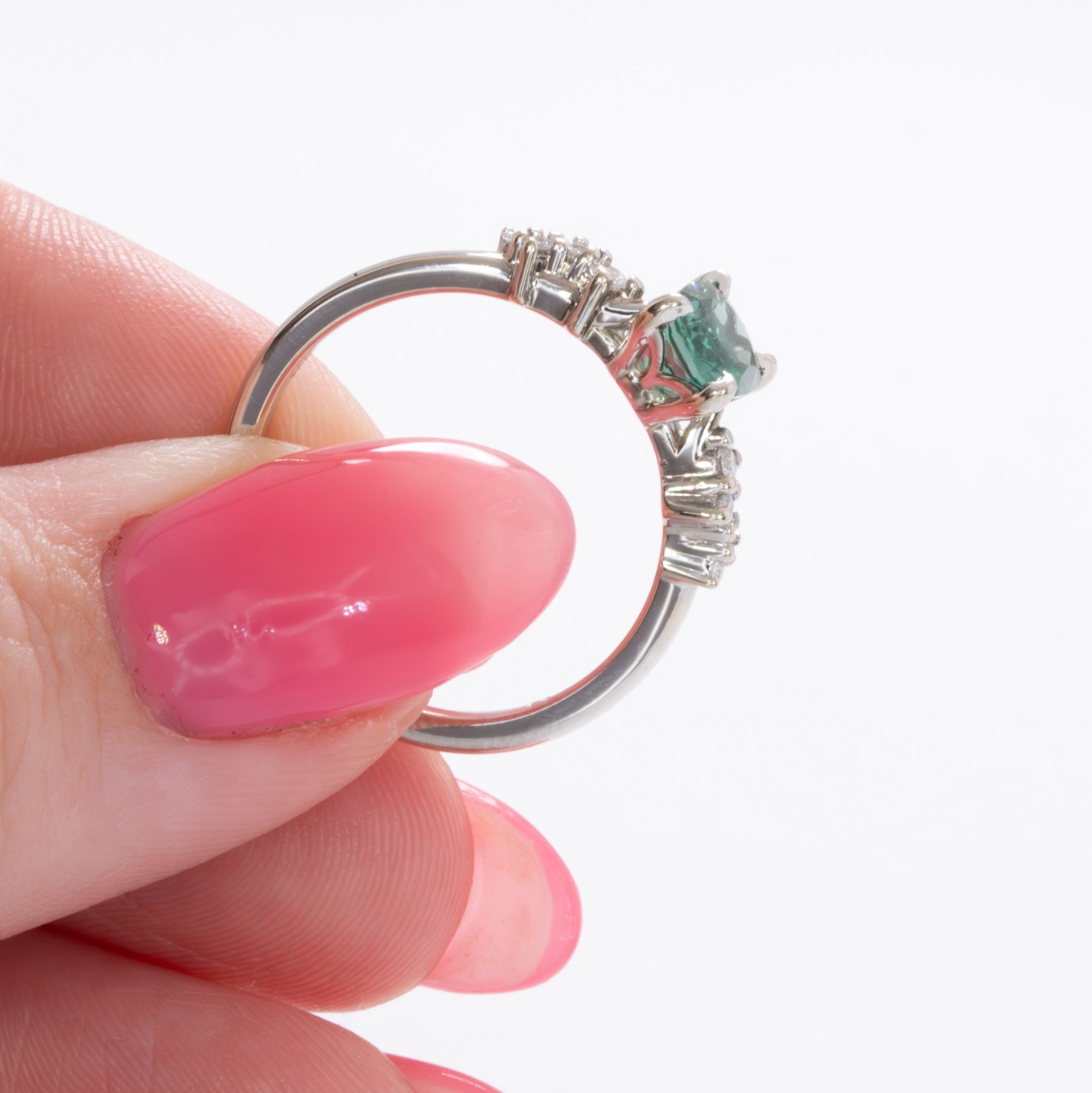 penelope wedding set with elongated cushion green lab sapphire