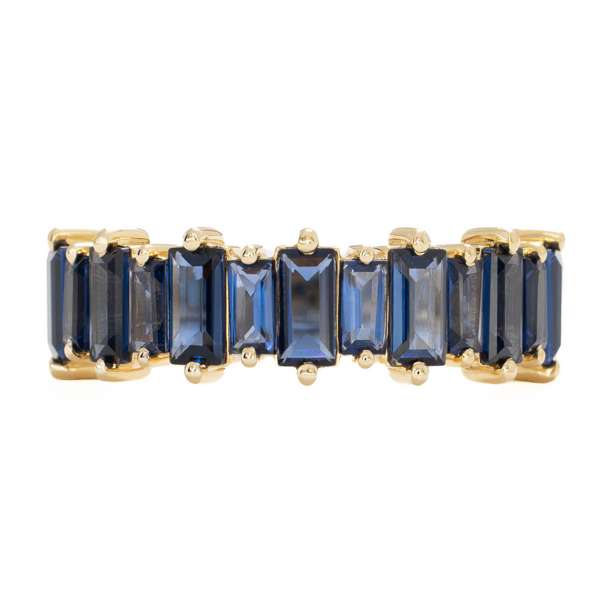 prescott baguette band in yellow gold with royal blue lab sapphires