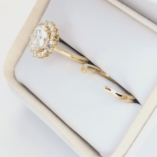 celeste vintage halo wedding set with oval white moissanite
