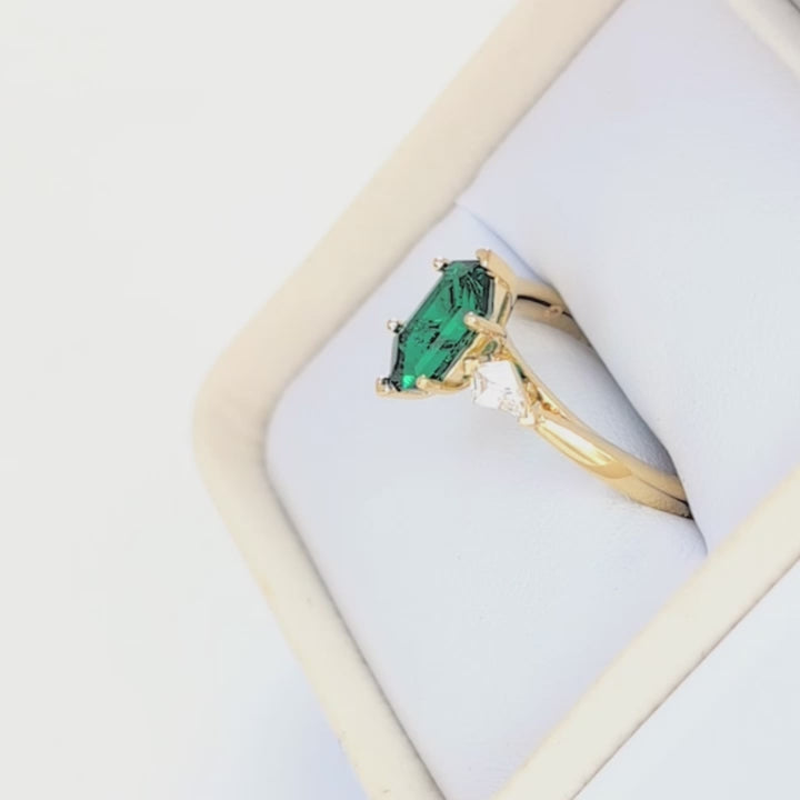 jamie three stone ring with dutch marquise lab emerald