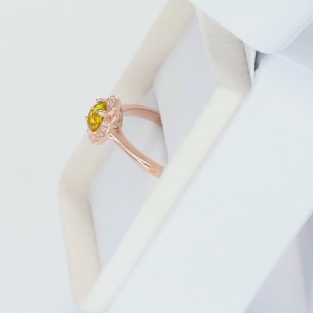 lalita art deco halo ring in rose gold with yellow natural sapphire