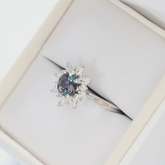 kenna halo engagement ring in white gold with round lab alexandrite