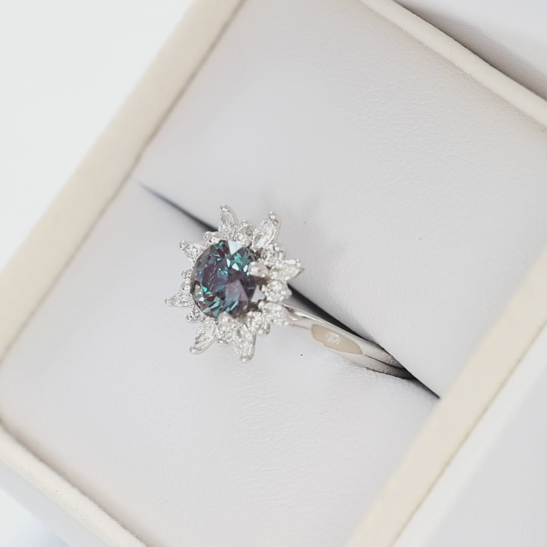kenna halo engagement ring in white gold with round lab alexandrite