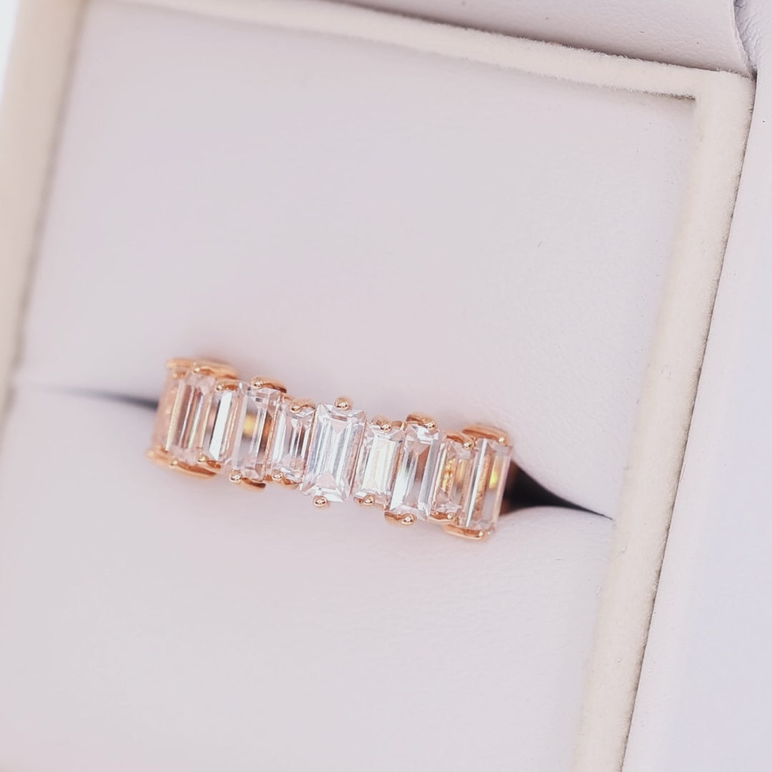 Prescott Ring in rose gold with white lab sapphire baguettes