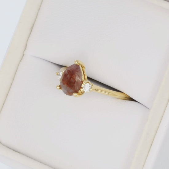 britt three stone ring in yellow gold with pear red moss agate