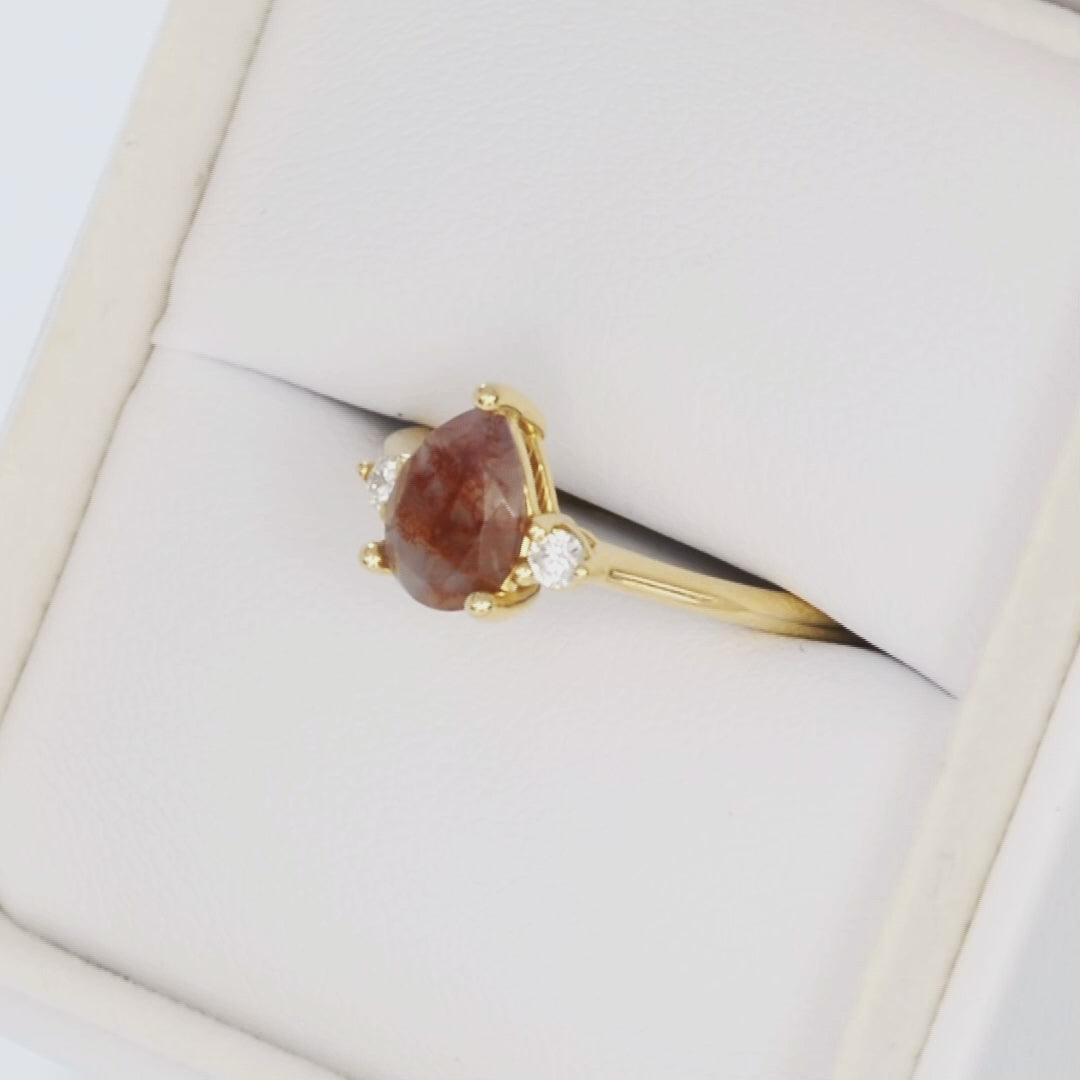britt three stone ring in yellow gold with pear red moss agate