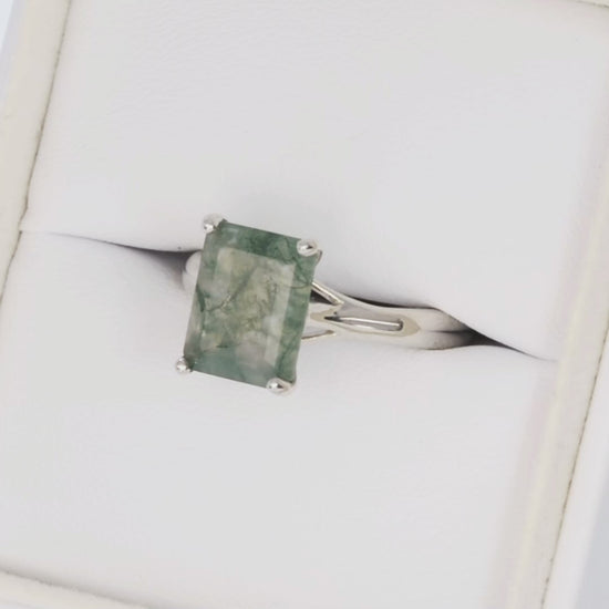 courtney solitaire ring in white gold with step cut green moss agate