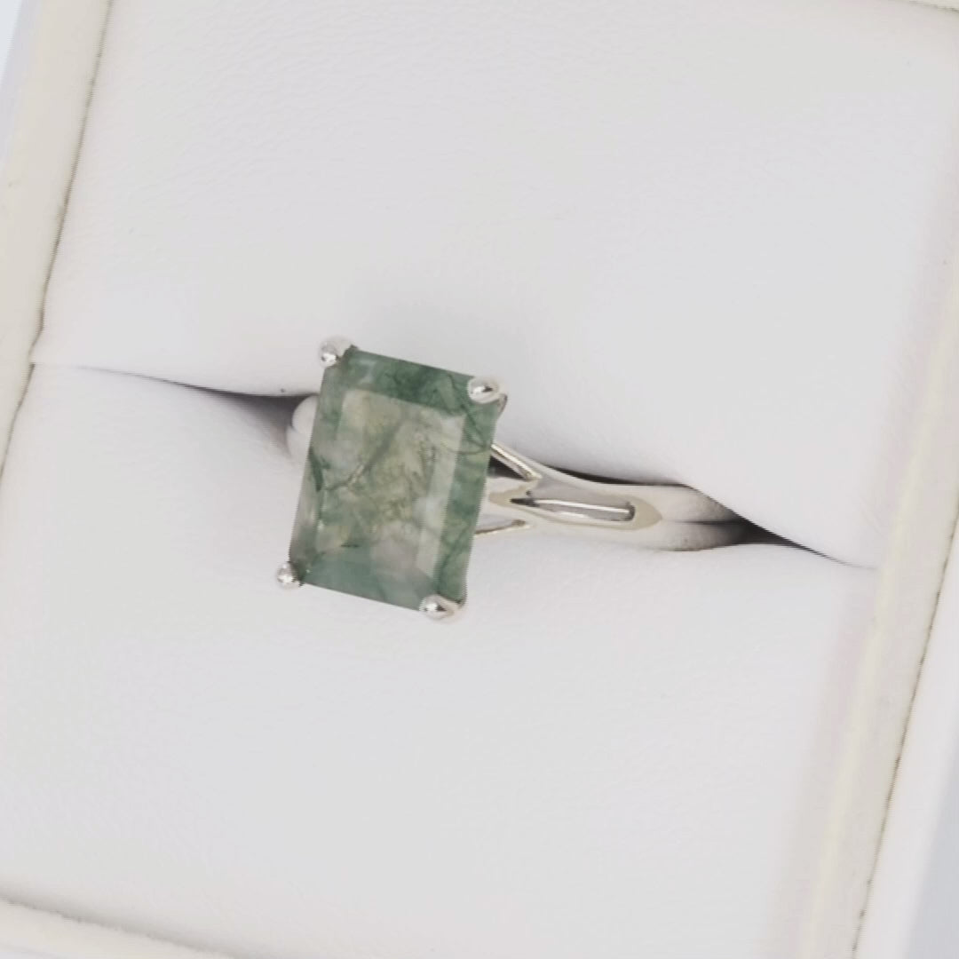 courtney solitaire ring in white gold with step cut green moss agate