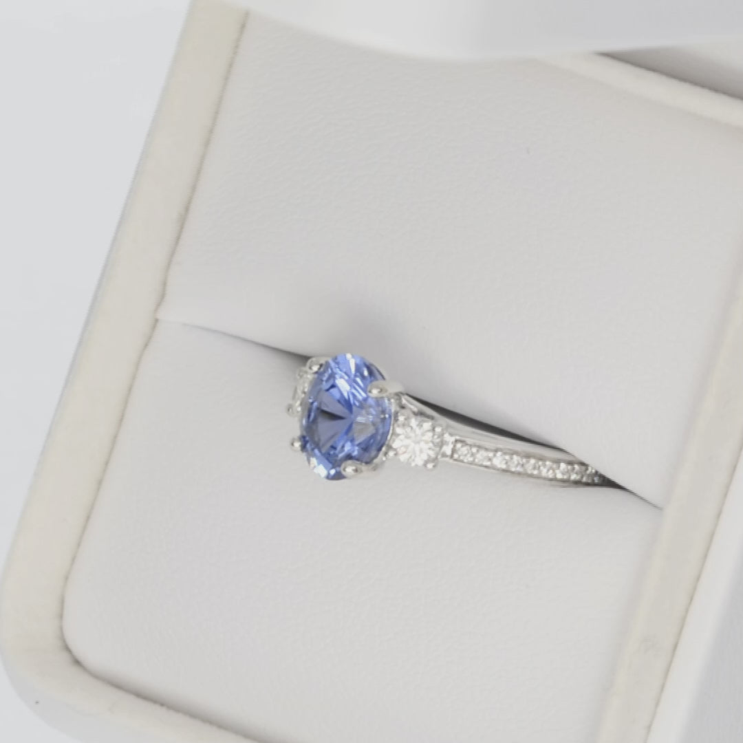 oriane accented engagement ring with oval blue lab sapphire in white gold