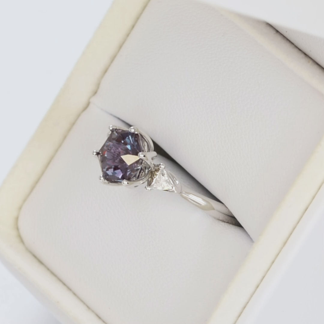 fiona three stone ring in white gold with hex cut lab alexandrite