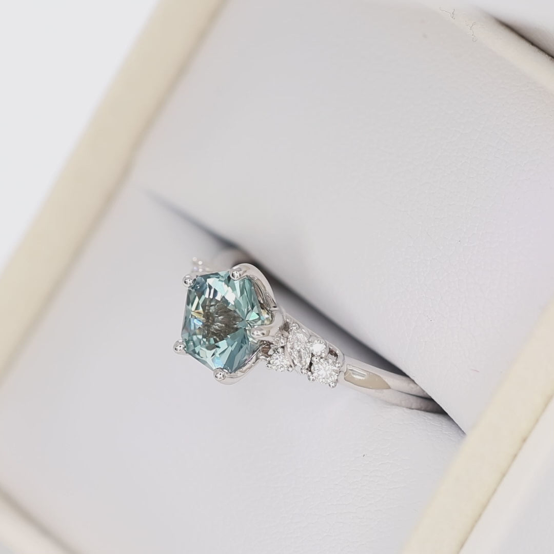 rachelle engagement ring in white gold with flower blue lab sapphire