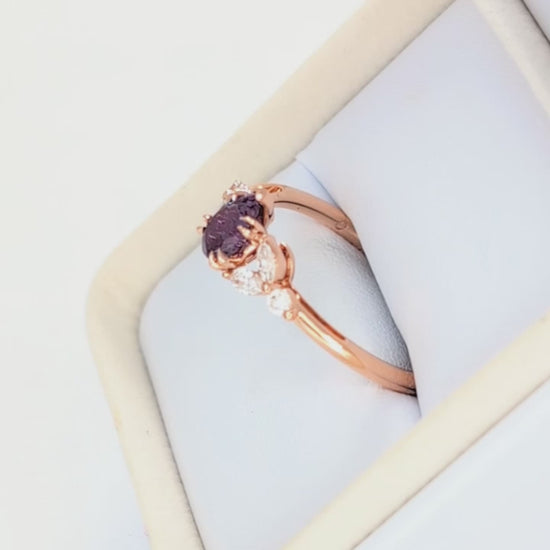 lili nature inspired engagement ring in rose gold with a pear lab alexandrite