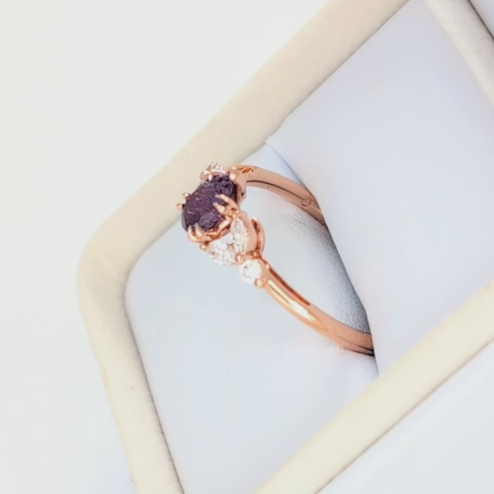 lili nature inspired engagement ring in rose gold with a pear lab alexandrite