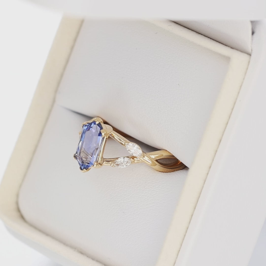 avani nature inspired ring in yellow gold with periwinkle blue lab sapphire dutch marquise