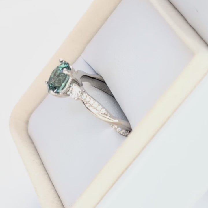 giselle three stone ring with oval green lab sapphire