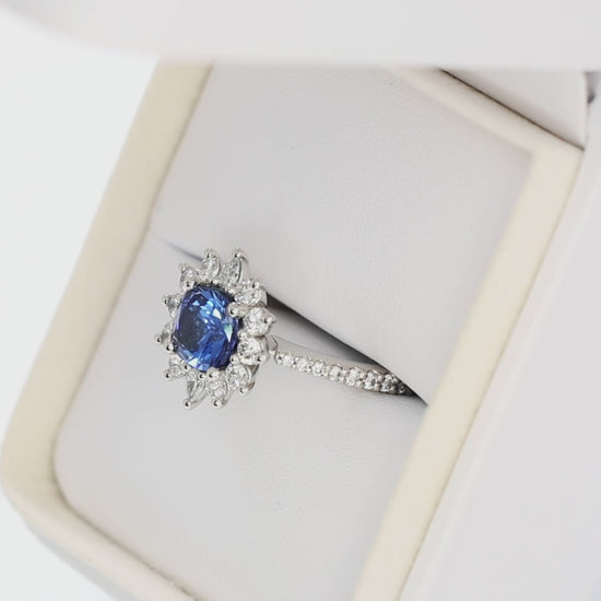 zena halo ring in platinum with cushion periwinkle lab sapphire