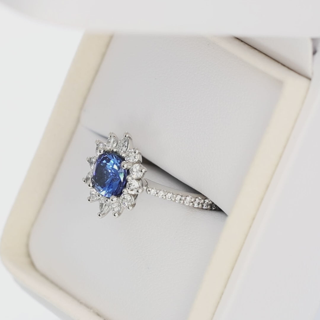 zena halo ring in platinum with cushion periwinkle lab sapphire