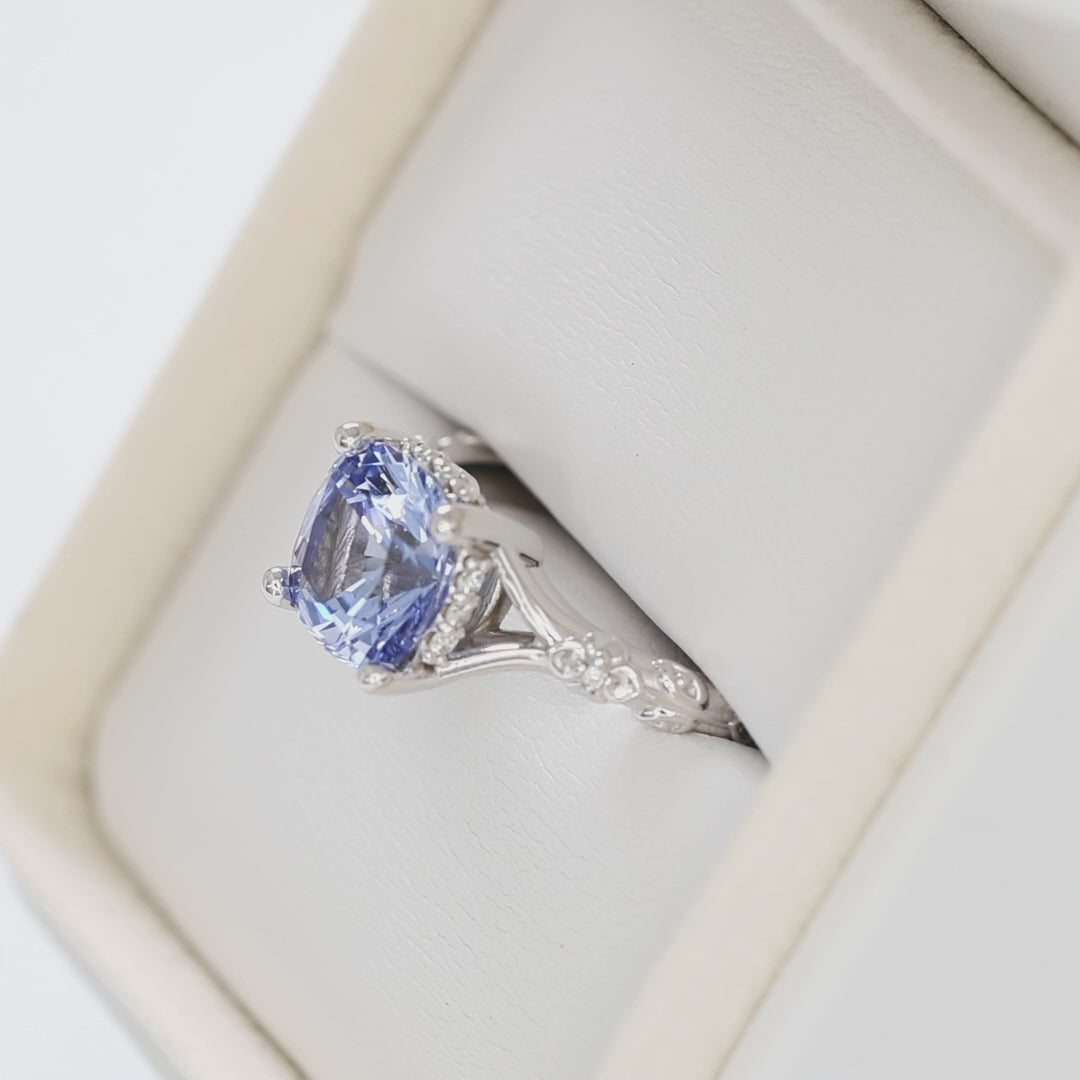 sylvie nature inspired ring in white gold with arctic blue lab sapphire nova cushion
