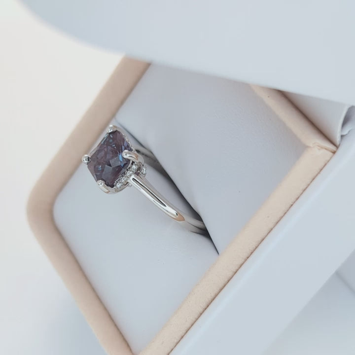 double hidden halo engagement ring with asscher alexandrite