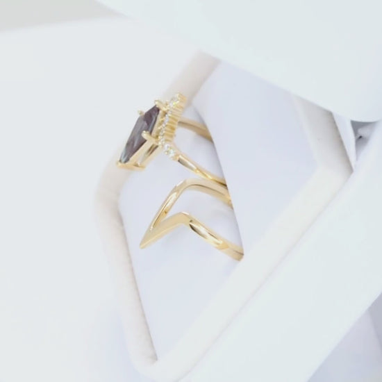 sadie half halo wedding set in yellow gold with kite cut lab alexandrite