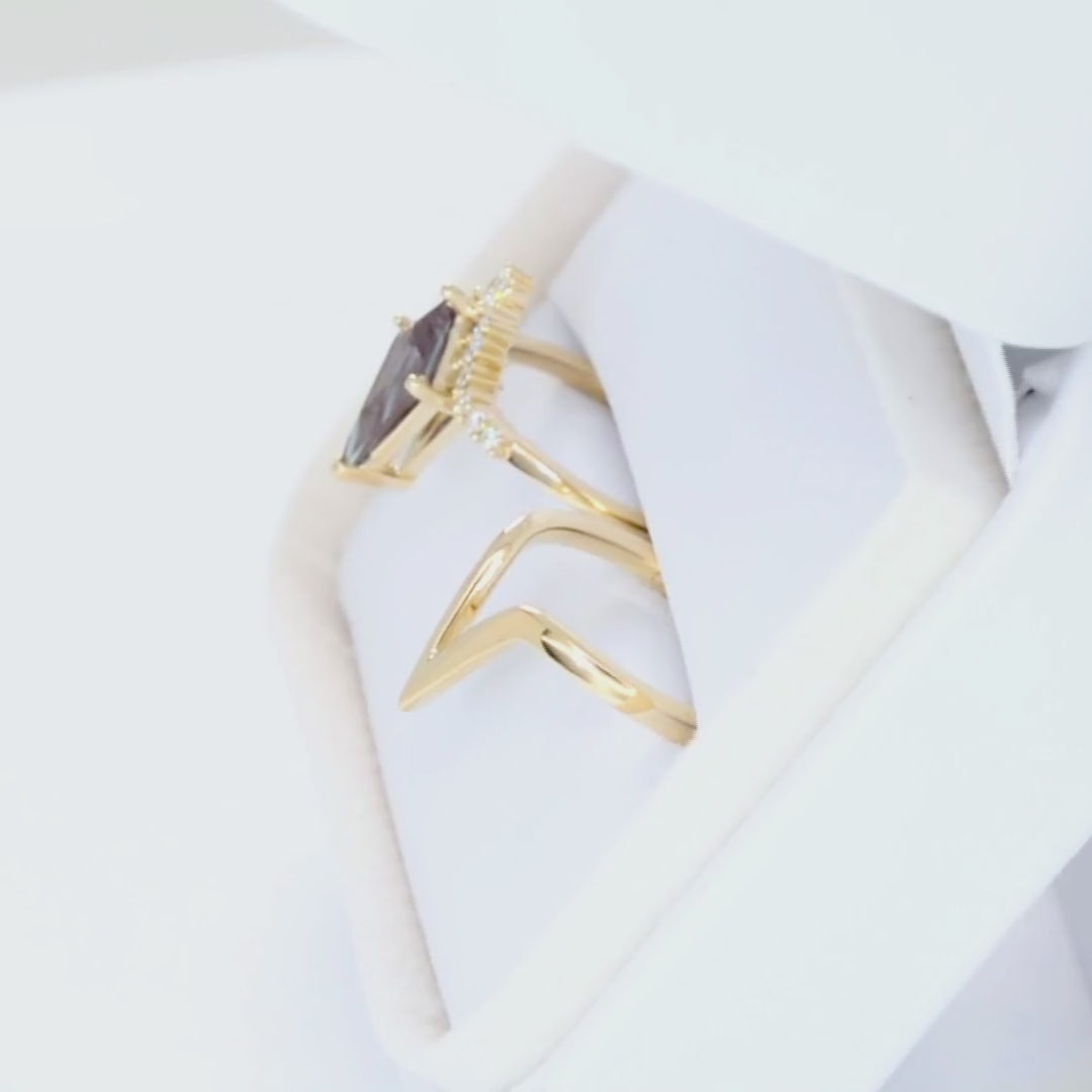 sadie half halo wedding set in yellow gold with kite cut lab alexandrite