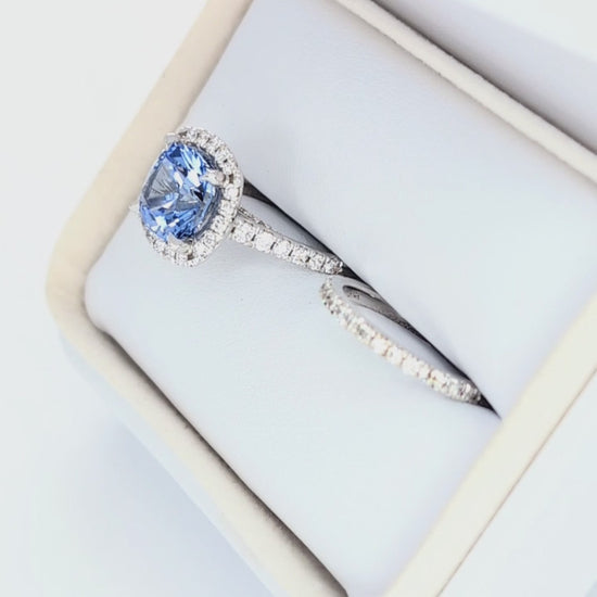 athena wedding set in white gold with cushion blue lab sapphire